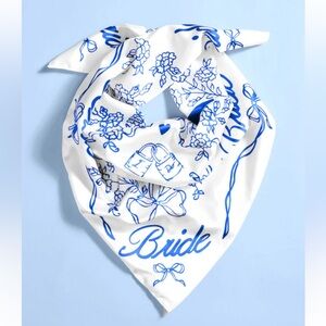 Bride White and Blue Floral Silk-Feel Bandana Scarf